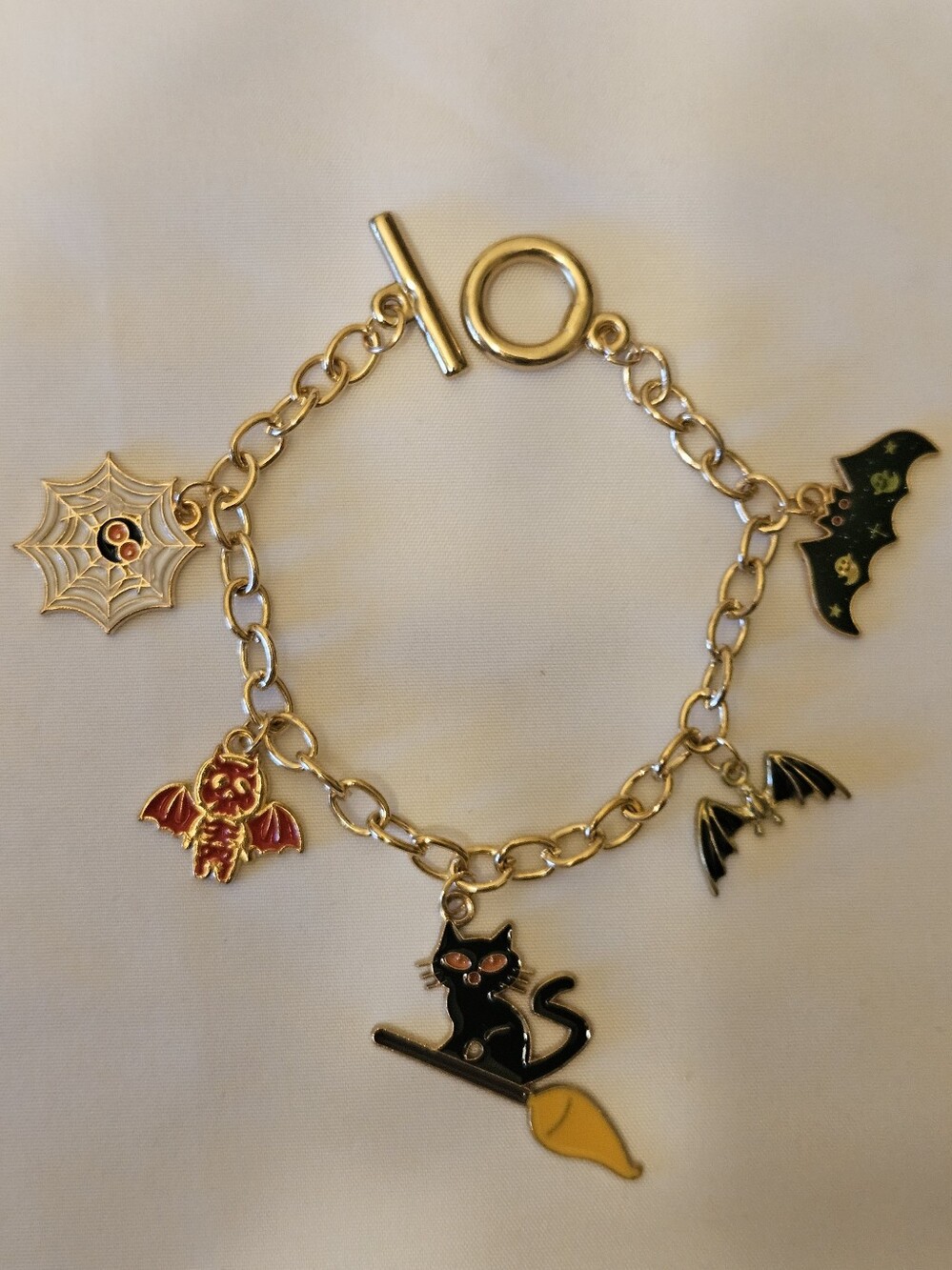 Handmade Halloween Charm Bracelet | Stainless Steel | Bats, Spider, Cat Charms